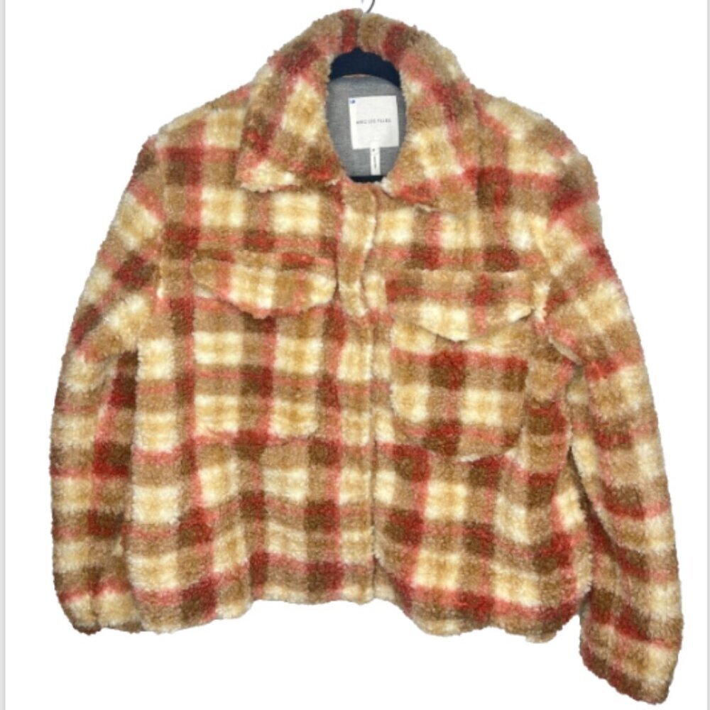 Avec Les Filles Beige Brown Plaid Sherpa Trucker Jacket EUC sz M - Picture 2 of 12